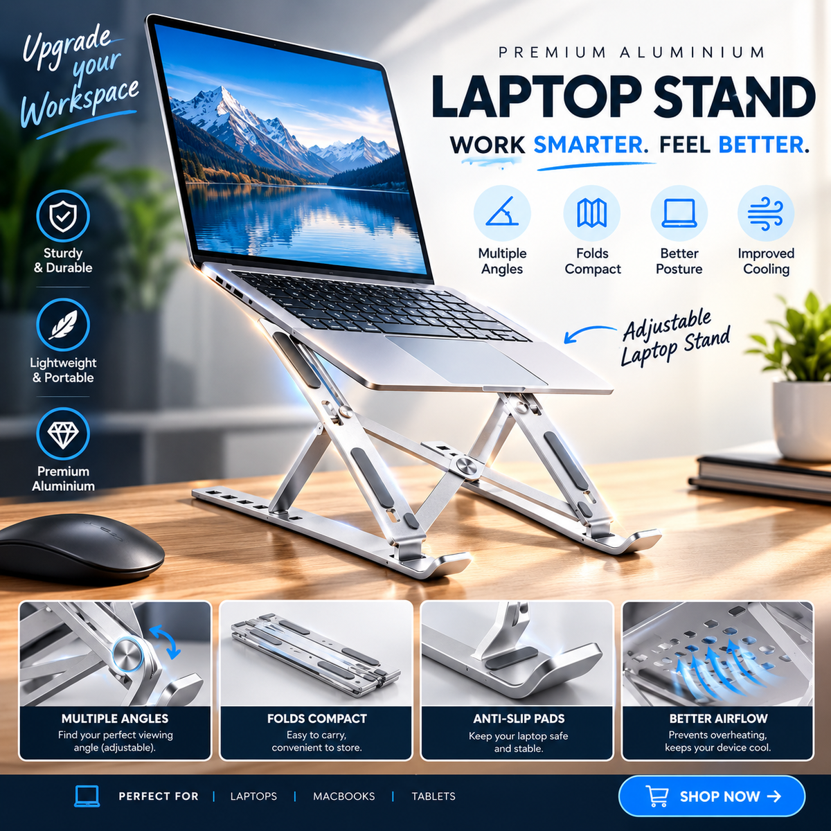 Foldable aluminum laptop stand