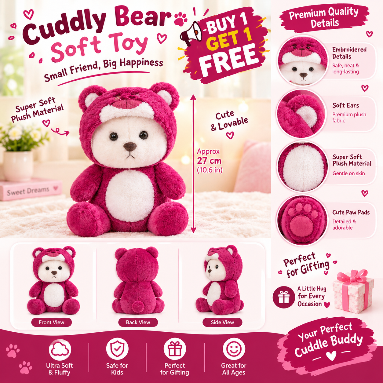 Premium Pink Soft Teddy Bear Buy 1 Get 1 Free